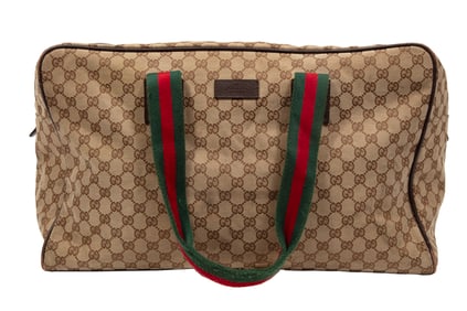 Gucci Brown Canvas GG Supreme Web Duffle or Weekender Bag