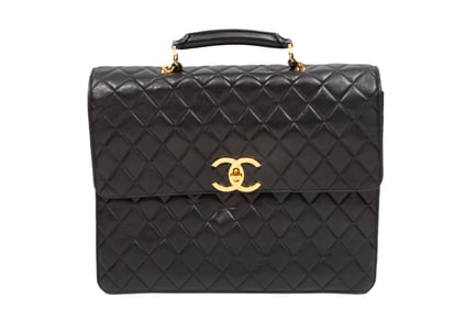Vintage Chanel Briefcase in Quilted Black Lambskin Leather