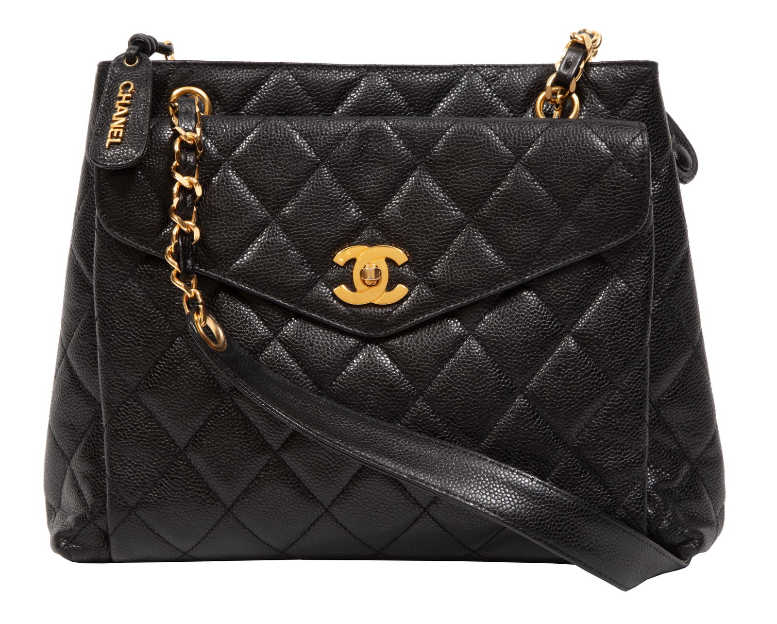 Vintage Chanel Quilted Black Caviar Leather Front Pocket Shoulder Bag: Vintage Chanel Quilted Black Caviar Leather Front Pocket Shoulder Bag c. 1996-1997, Karl Lagerfeld, gold tone hardware, turn-lock logo closure, black grosgrain lining, interior with serial number "409