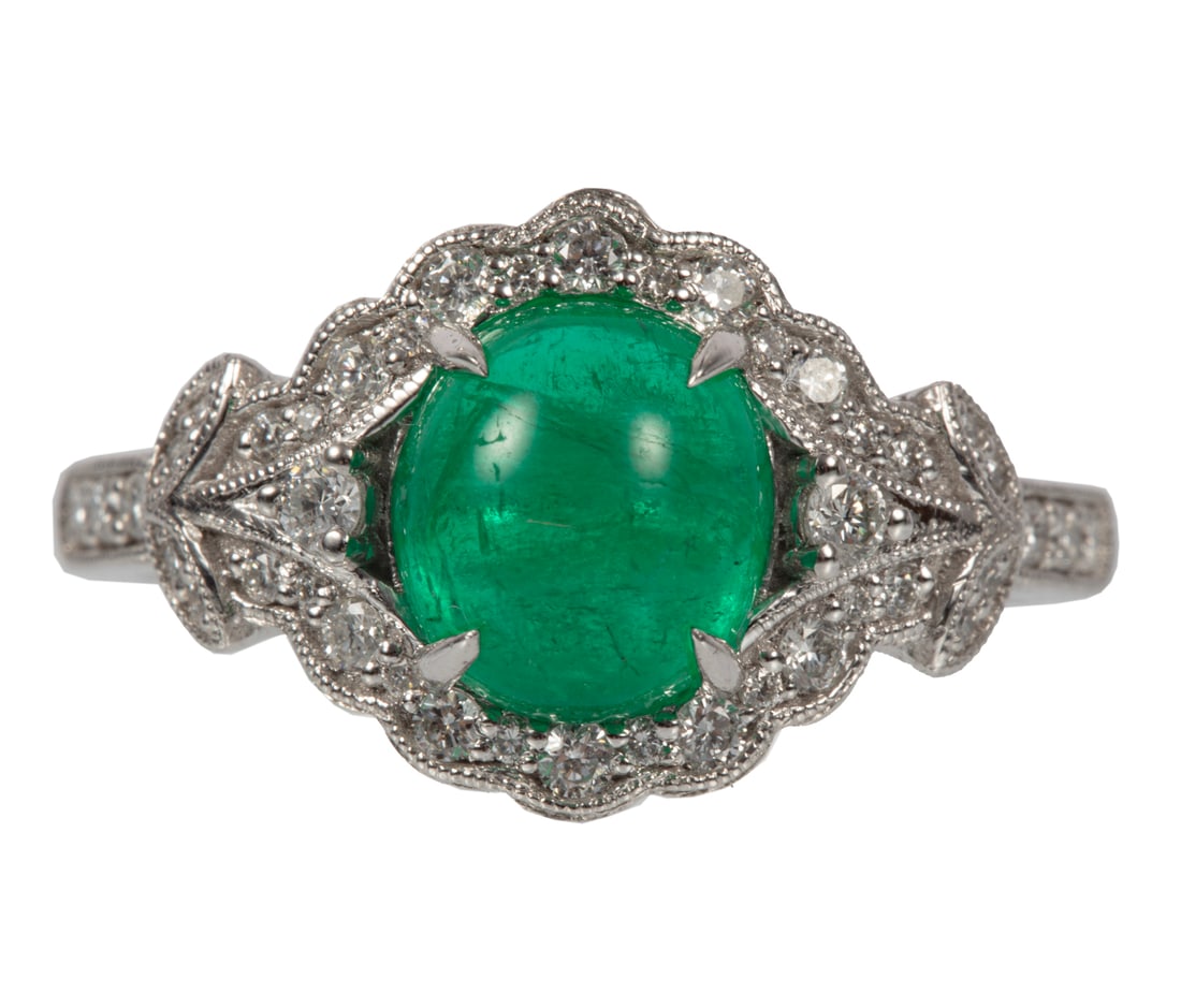 Platinum, Cabochon Emerald and Diamond Ring (1 of 3)