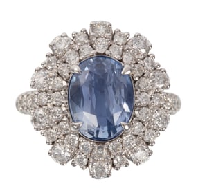 Platinum, Blue Sapphire and Diamond Ring
