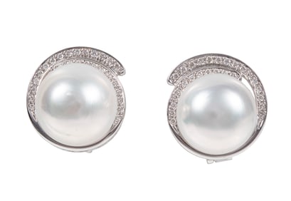 Pair of 14 kt. White Gold, South Sea Pearl and Diamond Earrings
