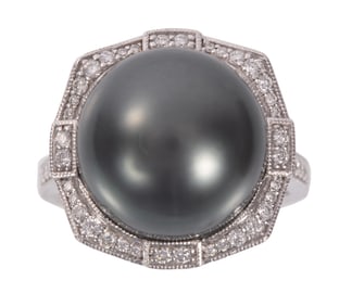 Platinum, Tahitian Pearl and Diamond Ring