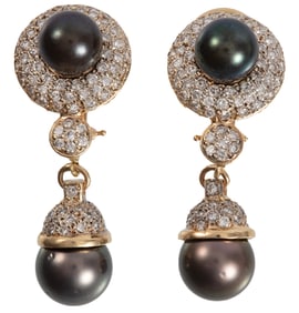 Pair of Vintage 14 kt. Yellow Gold, Diamond and Tahitian Pearl Dangle Earclips