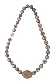 Tahitian Pearl Necklace with 14 kt. Gold, Coral and Diamond Clasp