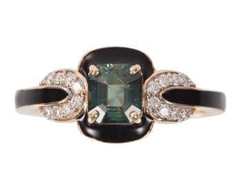 Art Deco Style 14 kt. Yellow Gold, Sapphire, Diamond and Enamel Ring