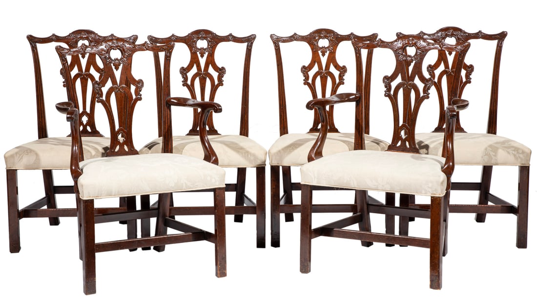 Set of 6 Georgian-Style Carved Mahogany Dining Chairs: Set of 6 Georgian-Style Carved Mahogany Dining Chairsafter a Thomas Chippendale design, shaped crest rail, pierced carve splat, stretchers square legs, two arms, four sidesarm 37 1/2 x 25 1/2 x 22 in.