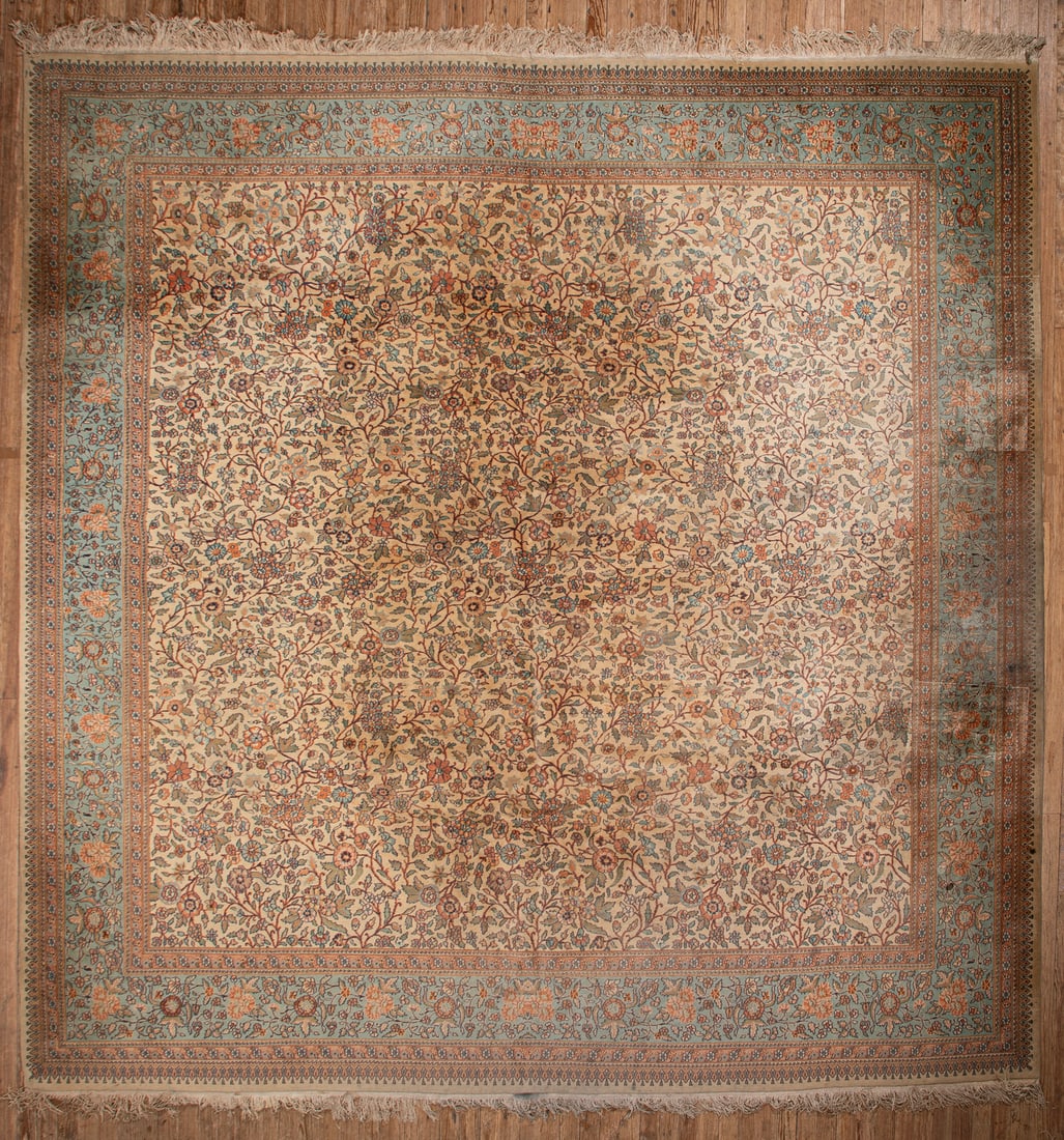 Persian Kerman Carpet: Persian Kerman Carpetallover floral design, 13 ft. 11 in. x 14 ft. 8 in.
