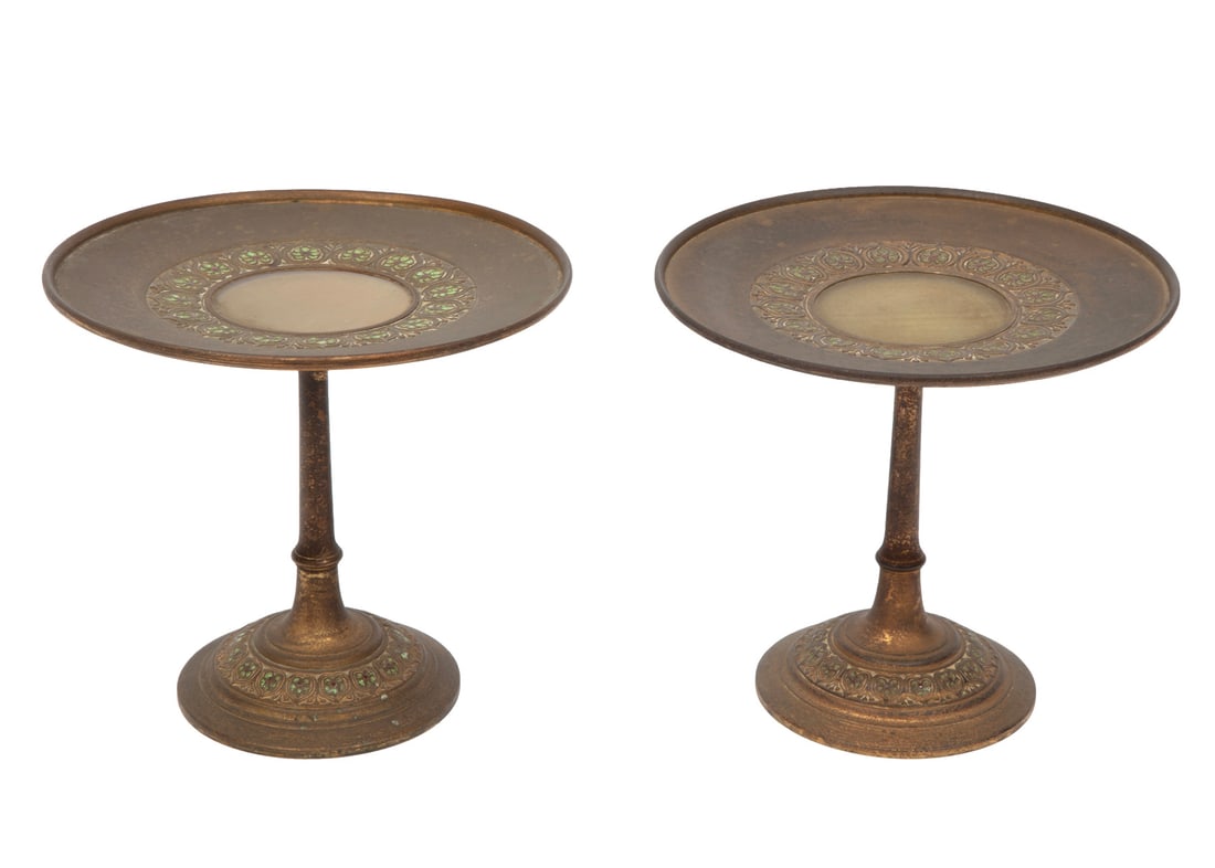 Pair of Tiffany Enamel and Bronze Tazzas: Pair of Tiffany Enamel and Bronze Tazzas early 20th c., bronze, enamel, and glass, marked " LOUIS C. TIFFANY FURNACES, INC./ 401 and monogram", h. 6 1/2 in., dia. 7 in.