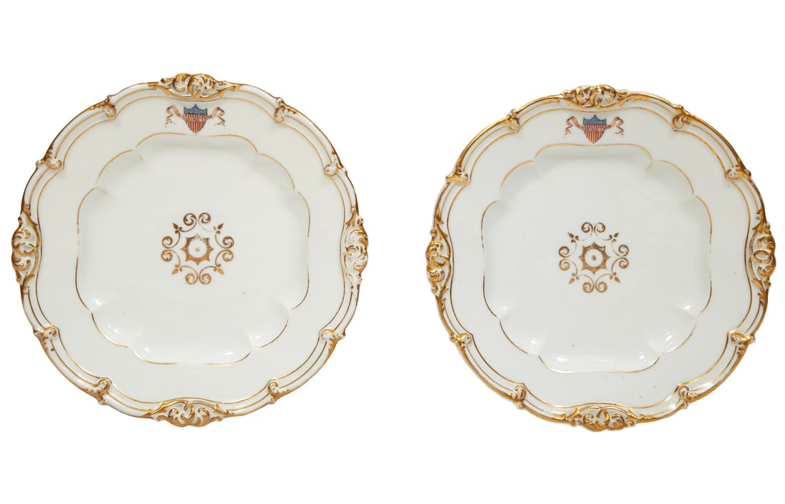 Two James K. Polk (President, 1845-1849) Presidential Porcelain Dinner Plates: Two James K. Polk (President, 1845-1849) Presidential Porcelain Dinner Platesc. 1846, made by Edouard Honor?, Paris, white with lobed cavetto with molded and gilded scroll rims, reserved with a gilt s