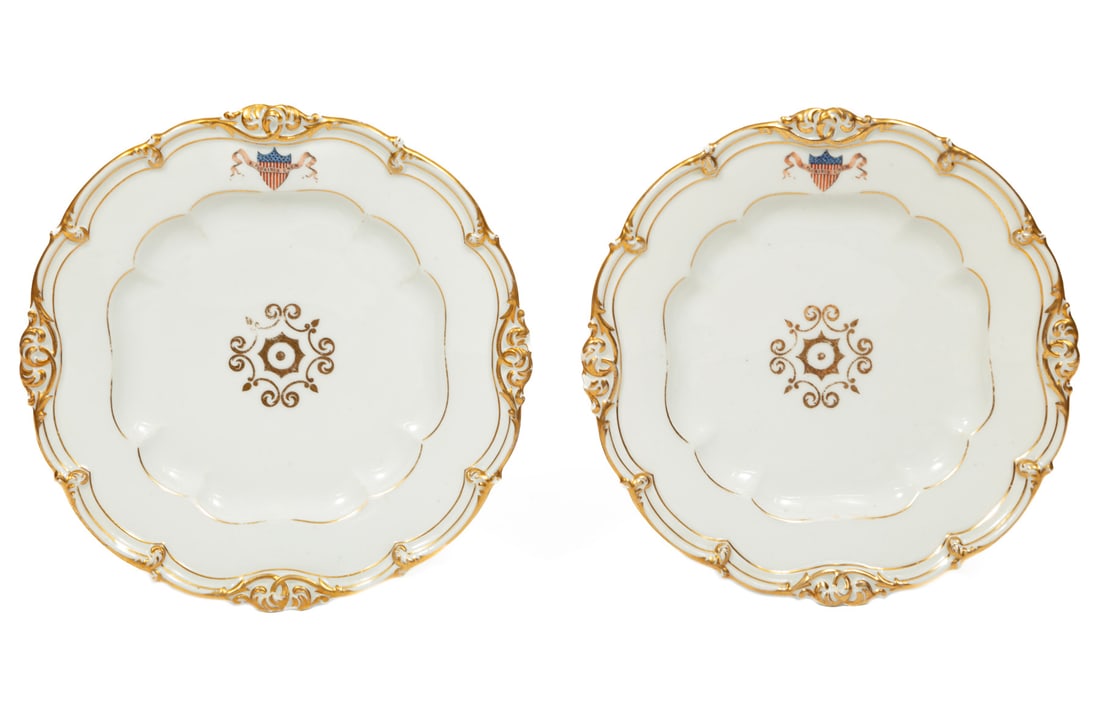 Two James K. Polk (President, 1845-1849) Presidential Porcelain Dinner Plates: Two James K. Polk (President, 1845-1849) Presidential Porcelain Dinner Platesc. 1846, made by Edouard Honor?, Paris, white with lobed cavetto with molded and gilded scroll rims, reserved with a gilt s