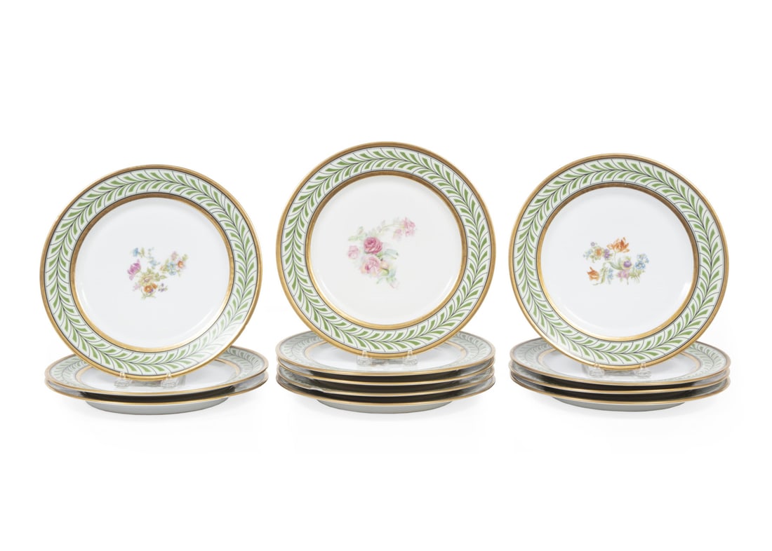 Twelve Antique Limoges Gilt and Polychrome Porcelain Dinner Plates (1 of 2)