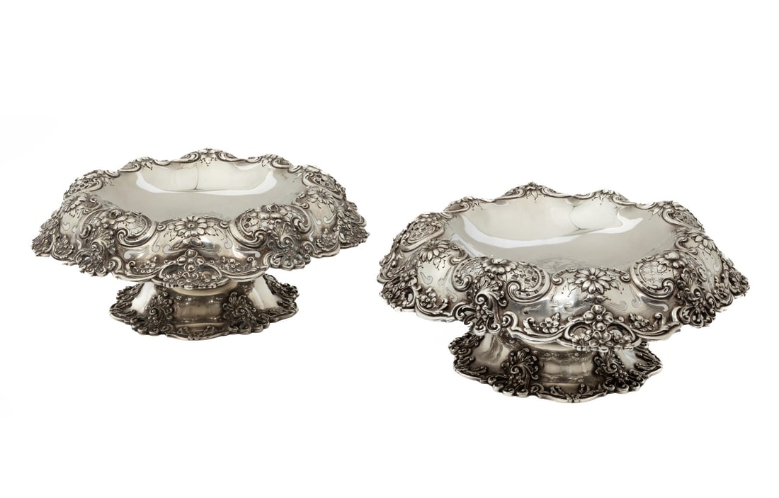Pair of Good American Sterling Silver Tazzas: Pair of Good American Sterling Silver Tazzas,Redlich & Company, New York, NY, act. 1895-1946, probably early 20th c., reticulated everted rim with cast and chased flowerheads and scrolls, pedestal bas