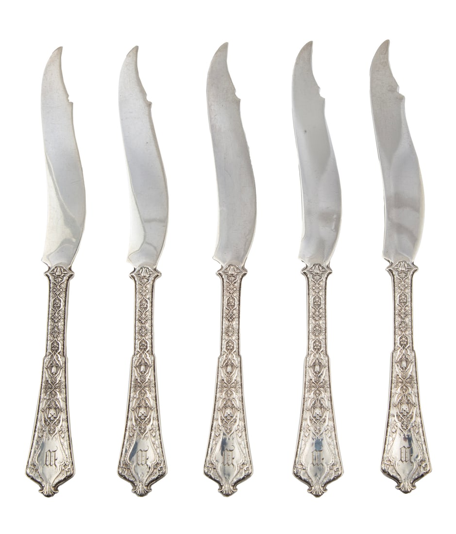 Five Tiffany "Persian" Pattern Sterling Silver Fish Knives: Five Tiffany "Persian" Pattern Sterling Silver Fish Knives,pattern introduced 1875, designed Edward C. Moore, l. 8 1/2 in.total weight 8.65 troy ozs.
