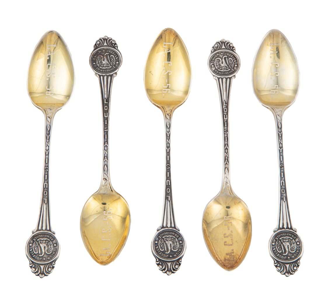 Five Sterling Silver Louisiana Camellia Society Demitasse Spoons: Five Sterling Silver Louisiana Camellia Society Demitasse Spoons,the souvenir spoons made by Manchester Silver Co., Providence, RI, act. 1914-1985; terminal with Seal of Louisiana, gilt wash bowl insc