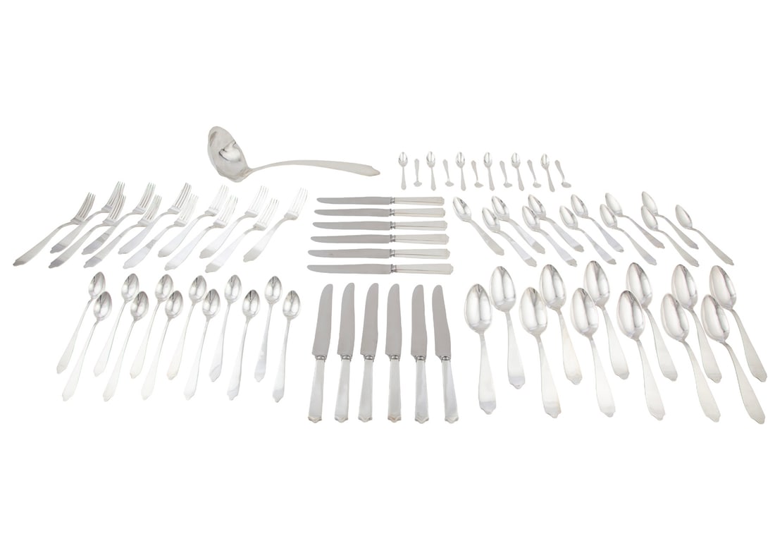 Rare Newcomb College Handwrought Sterling Silver Flatware Service: Rare Newcomb College Handwrought Sterling Silver Flatware Service,by Newcomb Arts Craftsman Elsie Jung Marice (1905-1971), c.1927-1928, including 12 each: forks (l. 7 1/8 in.), knives (hh, l. 9 1/8 in