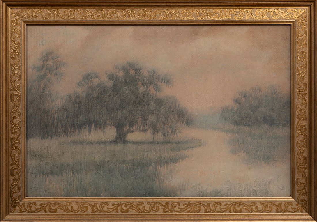 Alexander John Drysdale, American/Louisiana 1870-1934, "Misty Morning in City Park?, oil wash on: Alexander John DrysdaleAmerican/Louisiana, 1870-1934"Misty Morning in City Park?oil wash on boardsigned lower left, framed.19 3/4 x 30 1/4 in. (50.2 x 76.8 cm.), Frame: 25 x 35 1/2 x 2 in. (63.5 x 90.