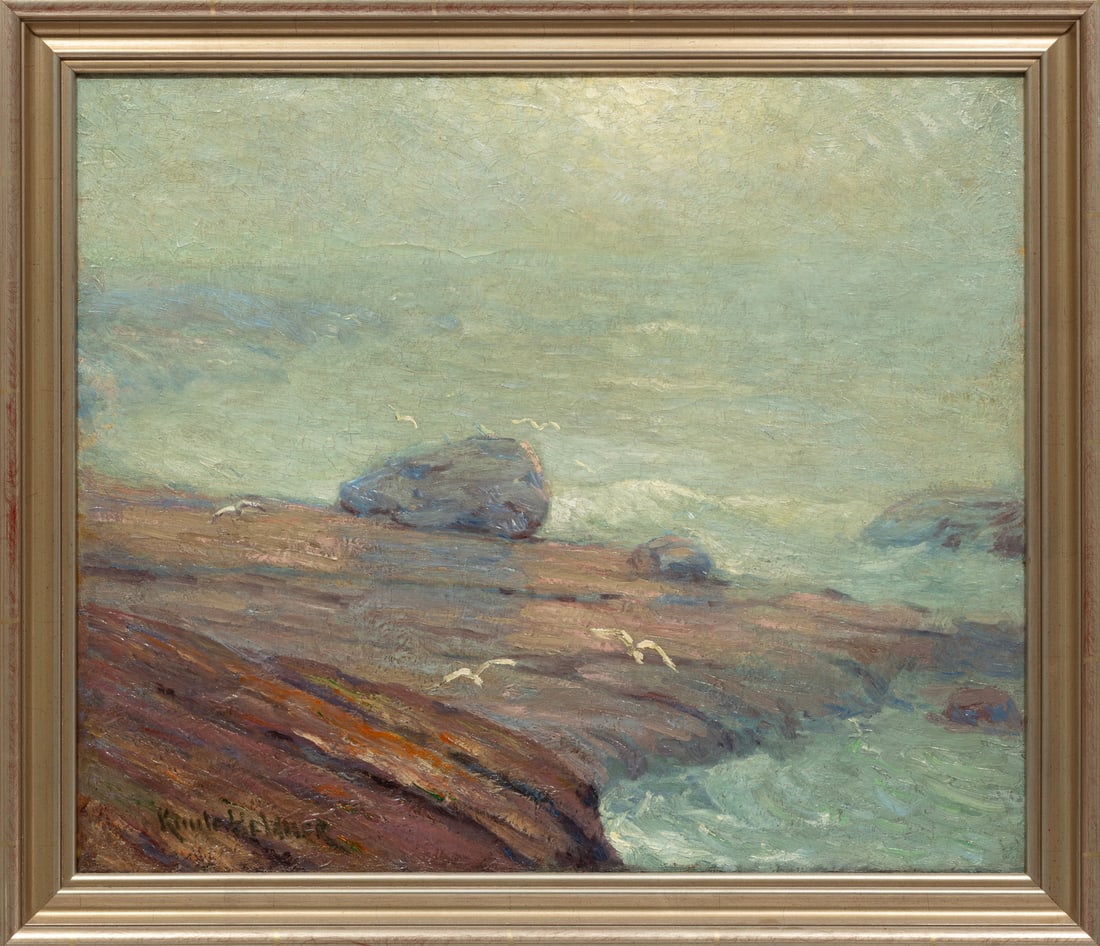Knute Heldner, Swedish/Louisiana 1877-1952, ?Seascape with Seagulls?, oil on canvas: Knute HeldnerSwedish/Louisiana, 1877-1952?Seascape with Seagulls?oil on canvassigned lower left, "Taylor Clark, Baton Rouge, LA" label on backing paper, framed.22 x 26 in. (55.9 x 66 cm.), Frame: 26 3