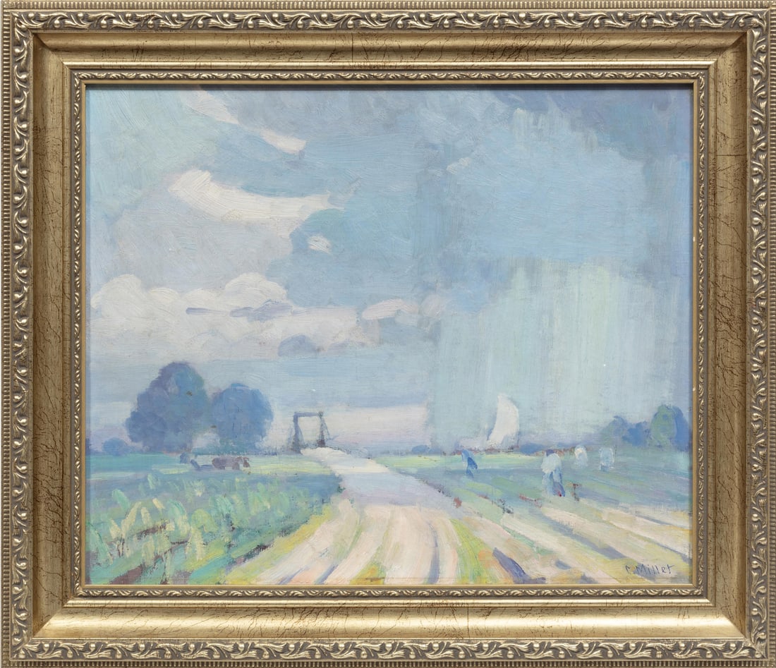 Clarence Millet, American/Louisiana 1897-1959, ?The Rain Cloud (Bridge on Bayou LaFourche)?, oil on: Clarence MilletAmerican/Louisiana, 1897-1959?The Rain Cloud (Bridge on Bayou LaFourche)?oil on canvas laid on boardsigned lower right, titled en verso, framed.12 1/2 x 14 3/4 in. (31.8 x 37.7 cm.), Fr