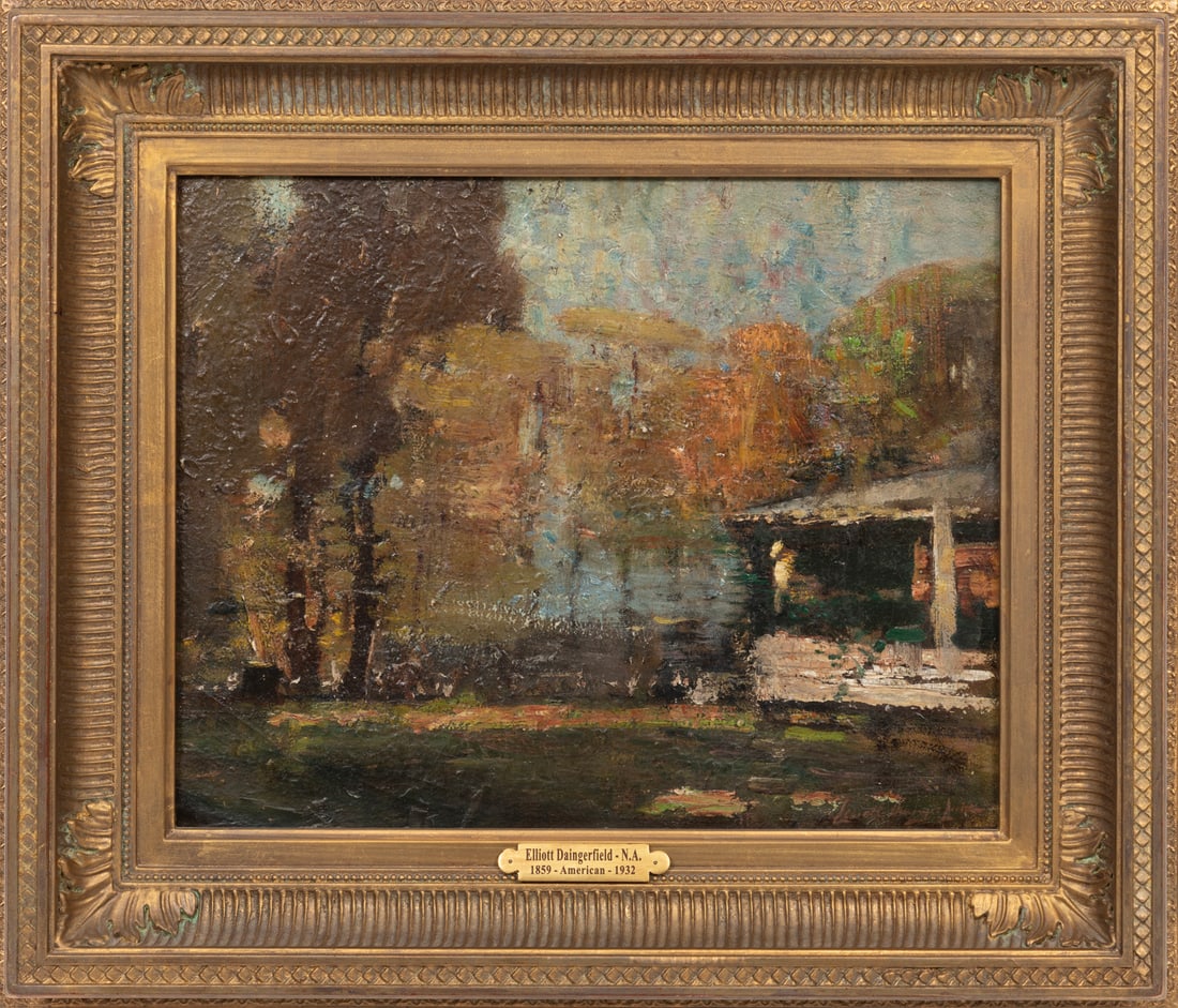 Elliot Daingerfield, American/North Carolina 1859-1932, "Landscape", oil on board laid on panel: Elliot DaingerfieldAmerican/North Carolina, 1859-1932"Landscape"oil on board laid on panelsigned lower right, partial "May-Duhamel & Associes, Roubaix, France" label en verso, framed with artist plaqu