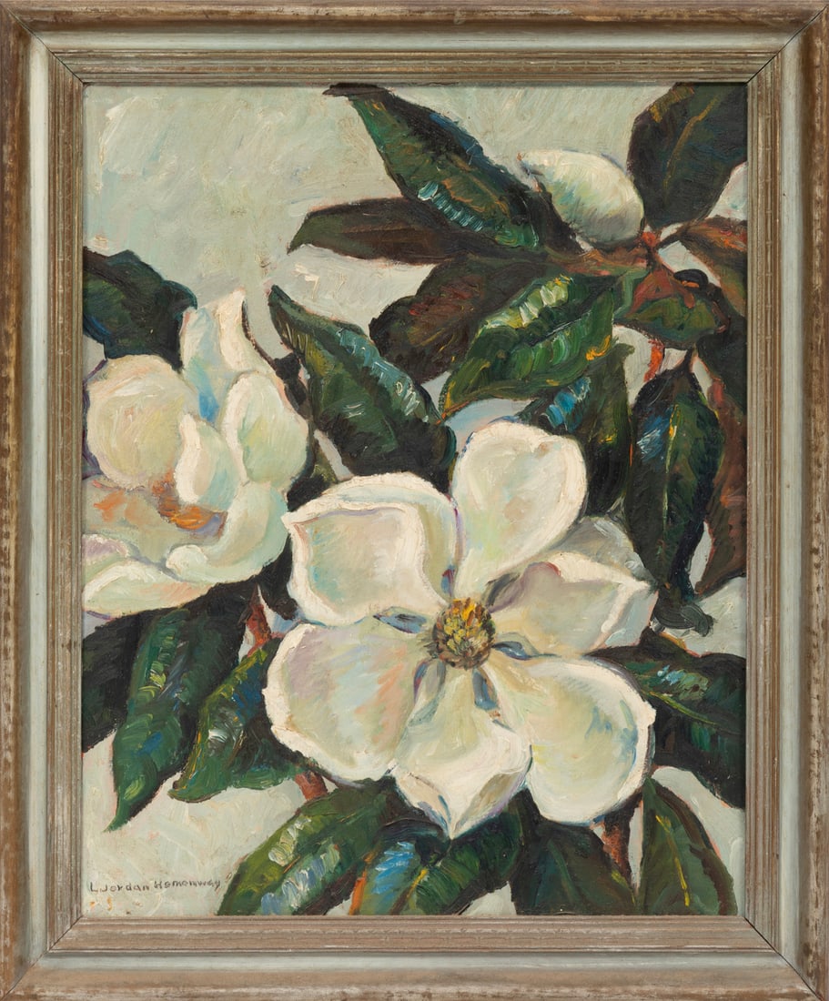 Mary Louise Liddell Jordan Hemenway, American/Louisiana 1893-1970, "Magnolias", oil on canvas board: Mary Louise Liddell Jordan HemenwayAmerican/Louisiana, 1893-1970"Magnolias"oil on canvas boardsigned lower left, artist label on reverse of frame, framed.Provenance: Estate of Elizabeth (Betsy) Swanso