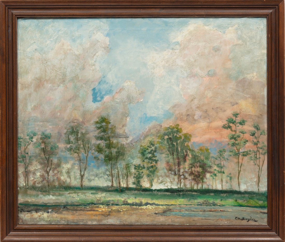 Southern School 20th c., "Landscape at Dusk", oil on linen: Southern School 20th c."Landscape at Dusk"oil on linensigned "F. lll Bergere" lower right, inscribed "For [illegible] Joughin" en verso, framed.25 x 30 1/4 in. (63.5 x 76.8 cm.), Frame: 28 7/8 x 33 7/