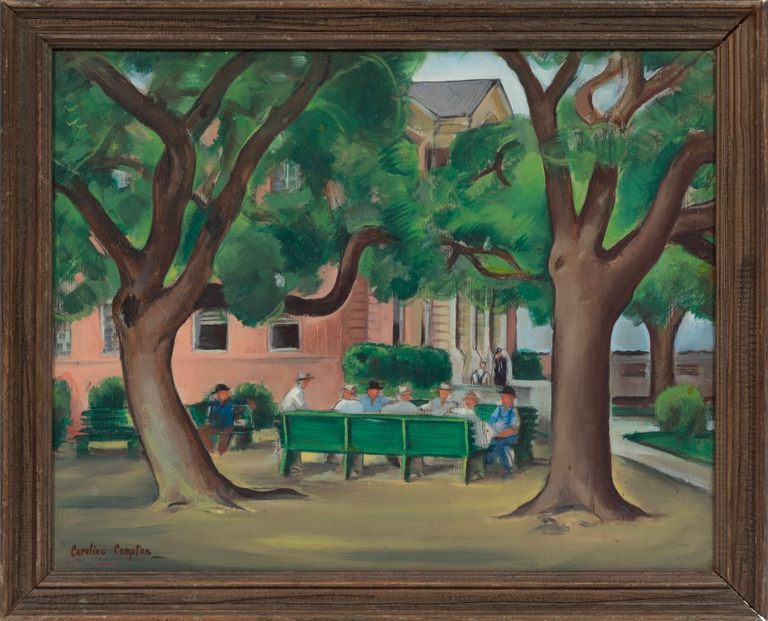 Caroline Compton, American/Mississippi 1907-1987, "Under the Oaks", oil and graphite on masonite: Caroline ComptonAmerican/Mississippi, 1907-1987"Under the Oaks"oil and graphite on masonitesigned lower left, framed.16 1/8 x 20 1/4 in. (41 x 51.4 cm.), Frame: 18 3/8 x 22 5/8 x 2 1/4 in. (46.7 x 57.