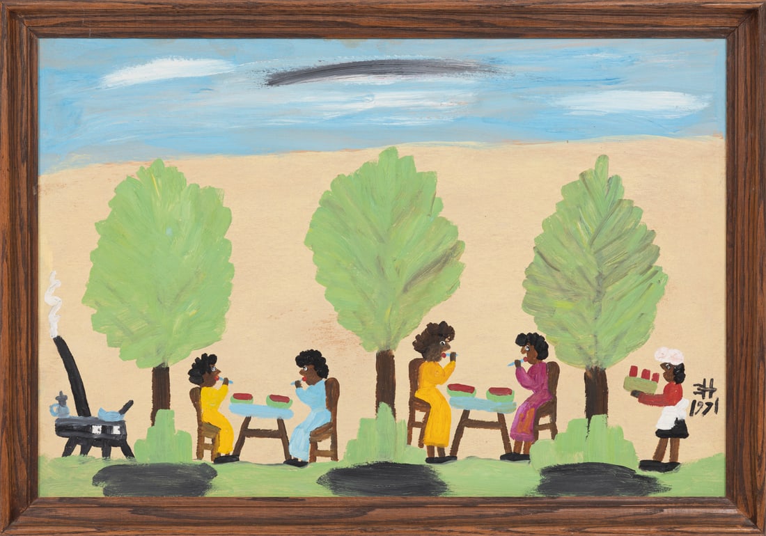 Clementine Hunter, American/Louisiana 1886-1988, ?Watermelon Picnic?, oil on board: Clementine HunterAmerican/Louisiana, 1886-1988?Watermelon Picnic?oil on board1971, monogrammed and dated lower right, framed.Note: This lot has been authenticated by renowned Clementine Hunter expert