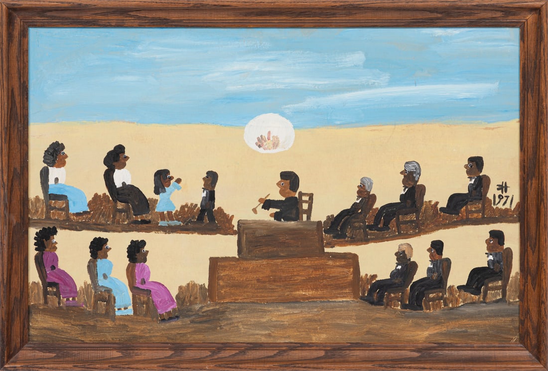 Clementine Hunter, American/Louisiana 1886-1988, ?Courtroom?, oil on board (1 of 3)