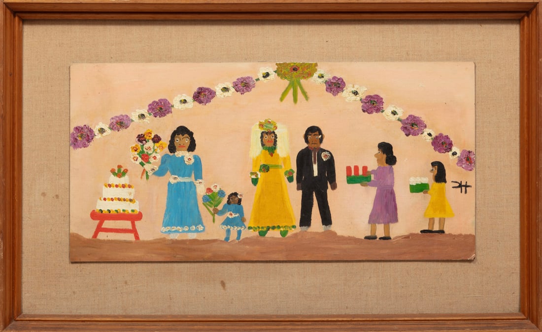 Clementine Hunter, American/Louisiana 1886-1988, "The Wedding", oil on canvas laid on masonite laid: Clementine HunterAmerican/Louisiana, 1886-1988"The Wedding"oil on canvas laid on masonite laid on boardmonogrammed mid-right, inscribed with artist and title en verso, framed.Provenance: Naomi Marshal