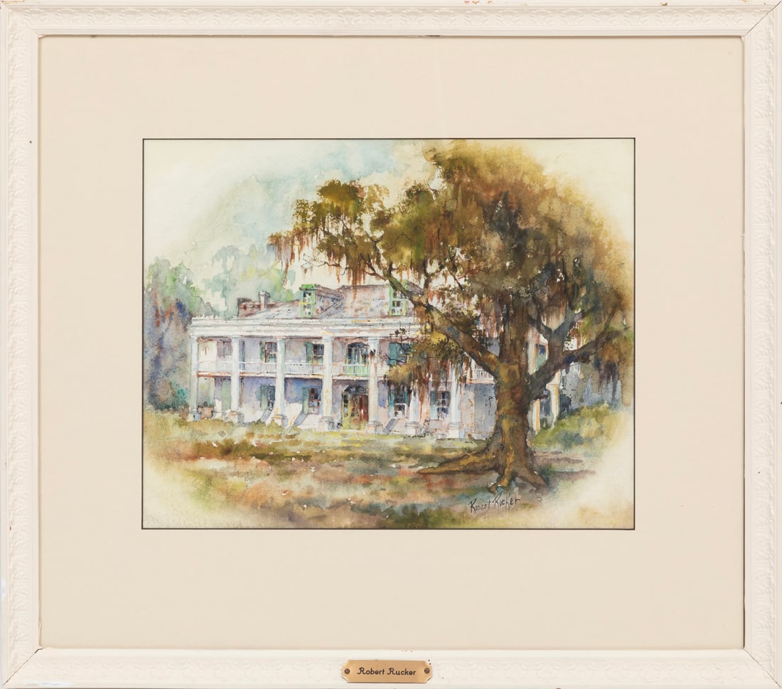 Robert Malcolm Rucker, American/Louisiana 1932-2001, ?The Cottage, East Baton Rouge Parish?,: Robert Malcolm RuckerAmerican/Louisiana, 1932-2001?The Cottage, East Baton Rouge Parish?watercolor on heavy papersigned lower right, artist biography and label with title on backing board, framed with
