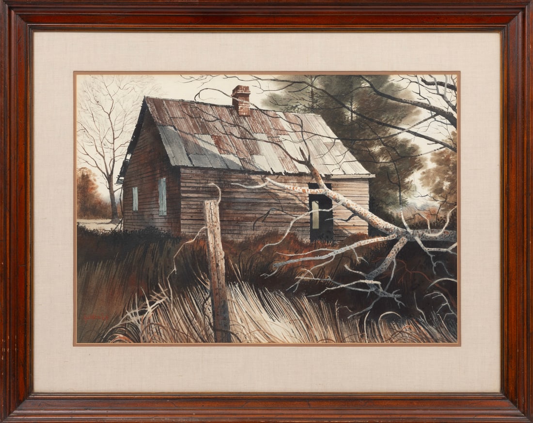 Rolland Golden, American/Louisiana 1931-2019, "Untitled: Cabin", watercolor on paper mounted to (1 of 3)