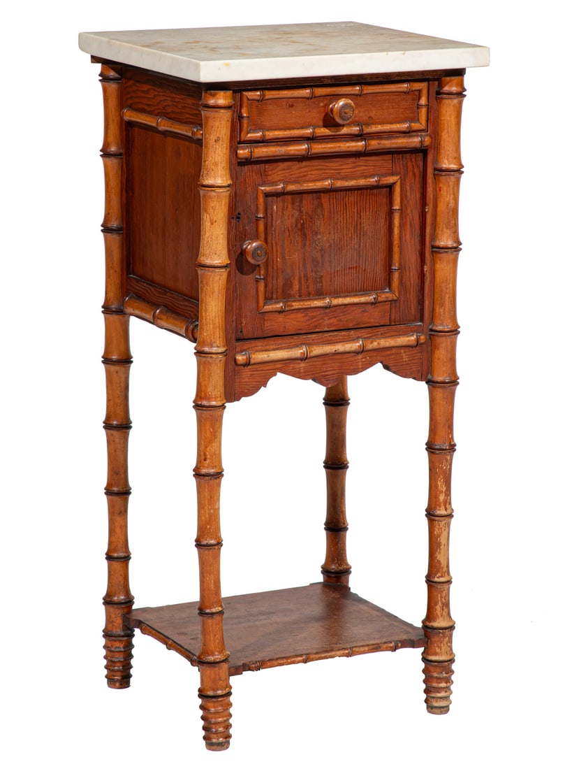 French or American Aesthetic Faux Bamboo Nightstand: French or American Aesthetic Faux Bamboo NightstandLate 19th/early 20th c., marble top. molded frieze drawer, paneled molded door, turned supports34 x 16 x 14 in. (86.4 x 40.6 x 35.6 cm.)