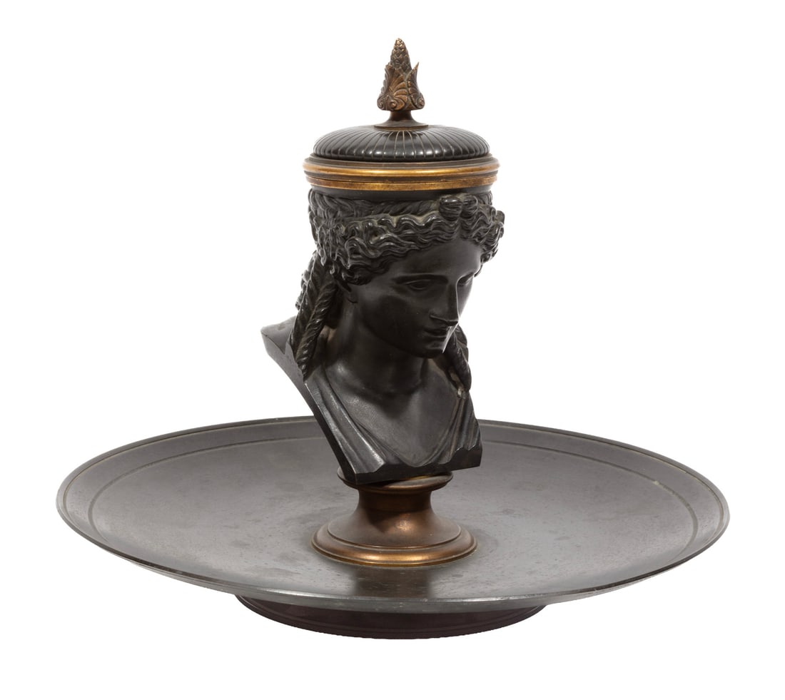 Empire Patinated Bronze Figural Inkwell: Empire Patinated Bronze Figural Inkwell19th c., stamped by foundry "L. OUDRY & Cie. Pres. EDITEURS", shallow dish, centered by Classical bust, with hinged lid, h. 8 1/2 in., dia. 10 1/2 in.