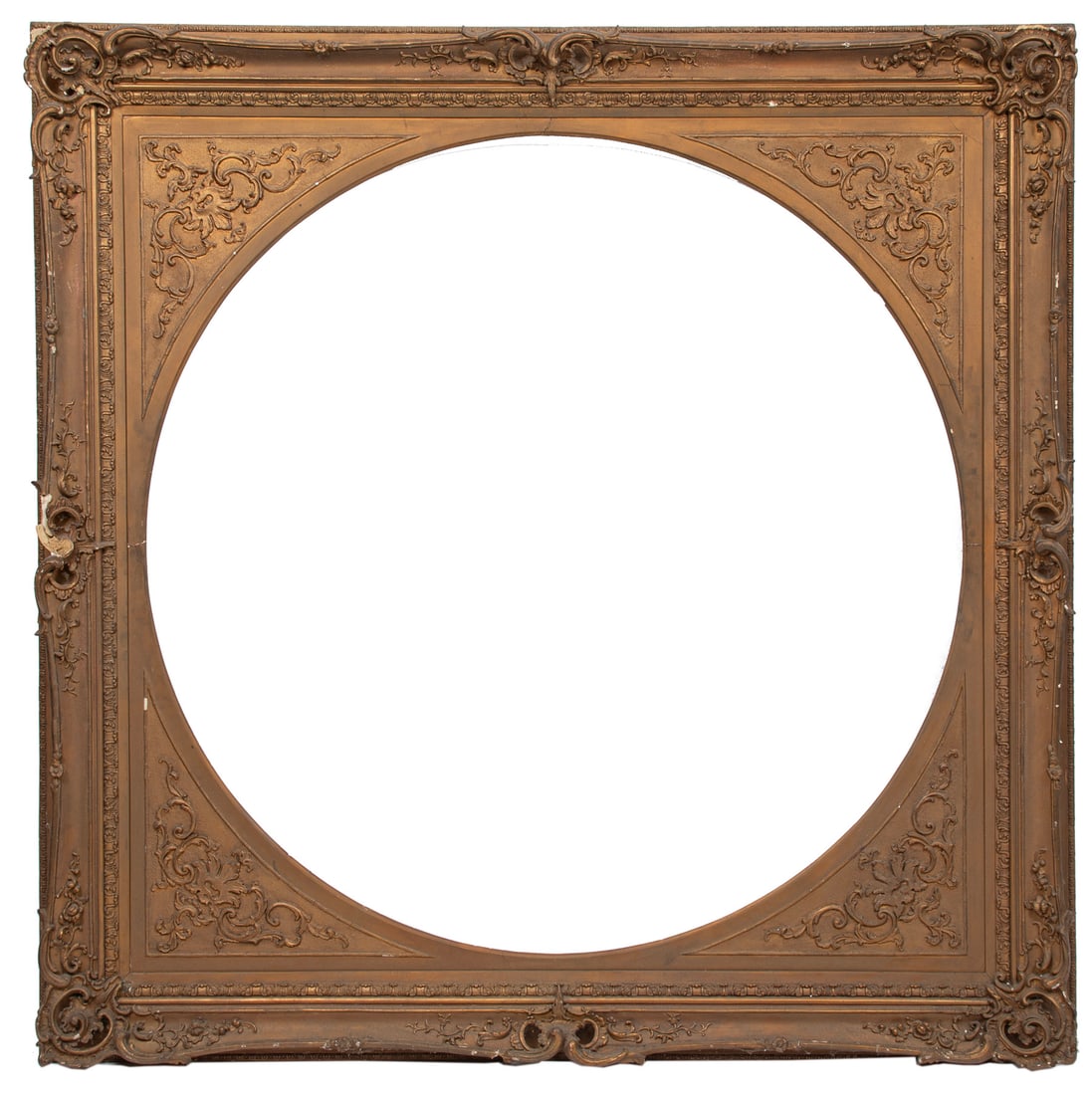 Monumental Continental Rococo Carved Giltwood Frame: Monumental Continental Rococo Carved Giltwood Framepierced rocaille surround, round filet, spandrels,h. 6 ft., w. 6 ft., sight dia. 5 ft. Bultman Funeral Home