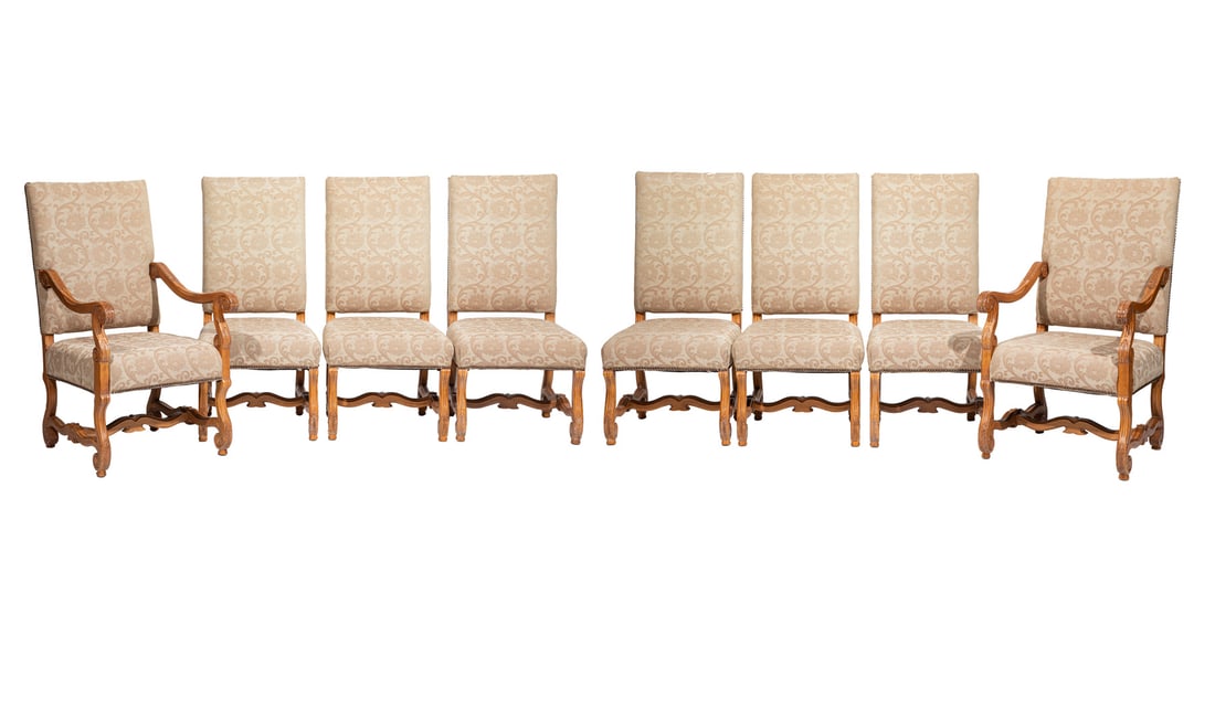 Set of Eight French Provincial-Style Dining Chairs: Set of Eight French Provincial-Style Dining ChairsLillian August Collection, nailhead trimmed upholstery, scroll supports and toes, two arms, six sidesarm 45 x 24 x 27 in. (114.3 x 61 x 68.6 cm.), sid
