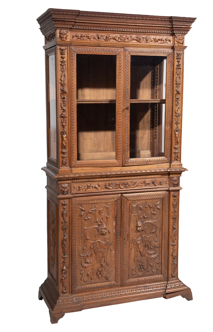 Italian Renaissance-Style Carved Walnut Vitrine Cabinet (1 of 6)