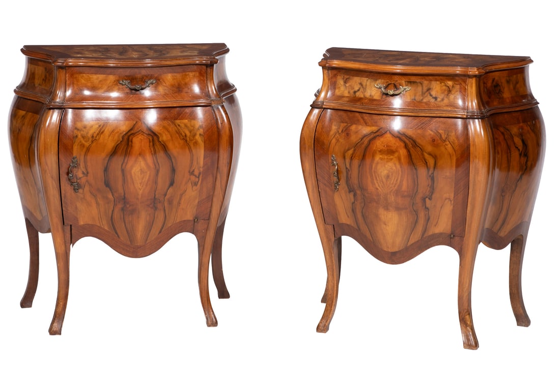 Pair of Louis XV-Style Bombe Inlaid Fruitwood Commodes (1 of 4)