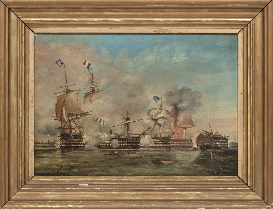 British School 1874, "Battle of British and French Ships", oil on canvas (1 of 3)