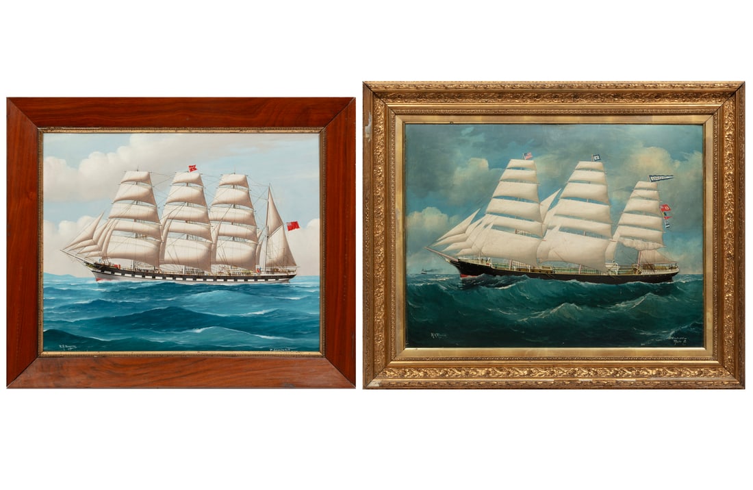 Reginald Arthur Borstel, Australian 1875-1922, ?The Barque Colony? and ?The Barque Eskasoni?, 2 oils: Reginald Arthur BorstelAustralian, 1875-1922?The Barque Colony? and ?The Barque Eskasoni?2 oils on boardsigned and dated 1910 and 1904 lower left respectively, each inscribed lower right with "T. Gaid