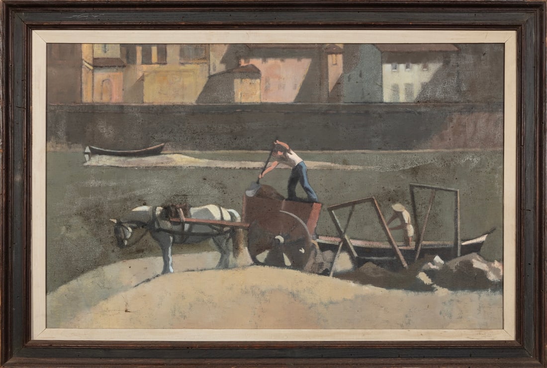 Continental School 20th c., ?Dredging the Canal?, oil on canvas (1 of 2)