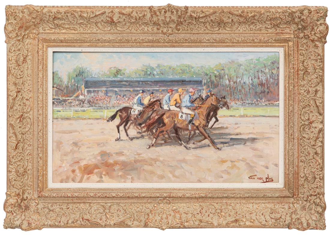 Niek Van der Plas, Dutch b. 1954, ?Horse Racing at Renbaan Duindigt, Wassenaar, Netherlands?, oil on: Niek Van der Plas Dutch, b. 1954 ?Horse Racing at Renbaan Duindigt, Wassenaar, Netherlands? oil on panel signed lower right, signed twice en verso, framed. 11 5/8 x 19 3/4 in. (29.5 x 50.2 cm.),