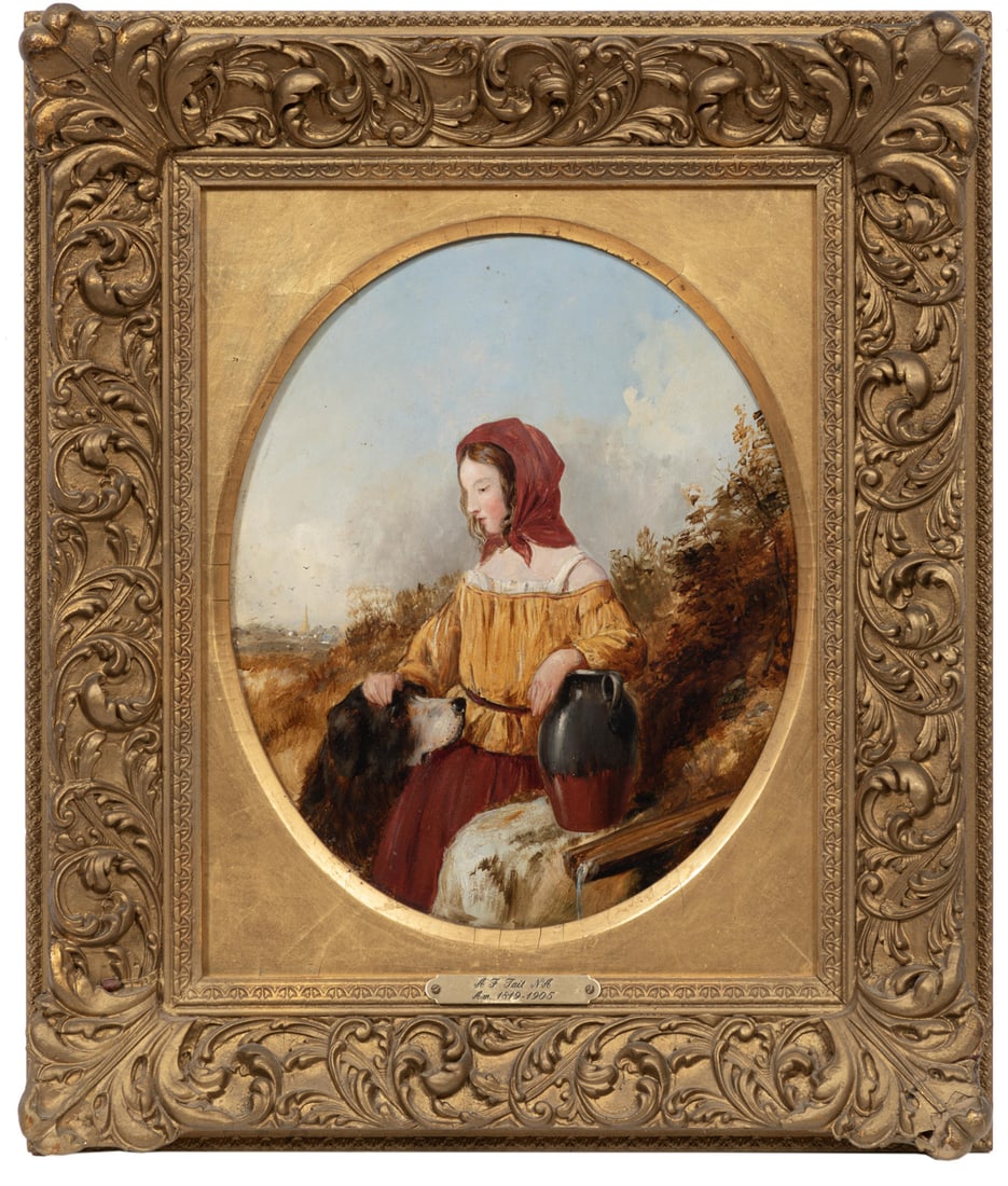 Arthur Fitzwilliam Tait, British/New York 1819-1905, "Young Girl and Her Hound", oil on board: Arthur Fitzwilliam Tait British/New York, 1819-1905 "Young Girl and Her Hound" oil on board 1853, signed and dated lower right, artist biography and "G. Rowney & Co., Artists' Colourmen, London"