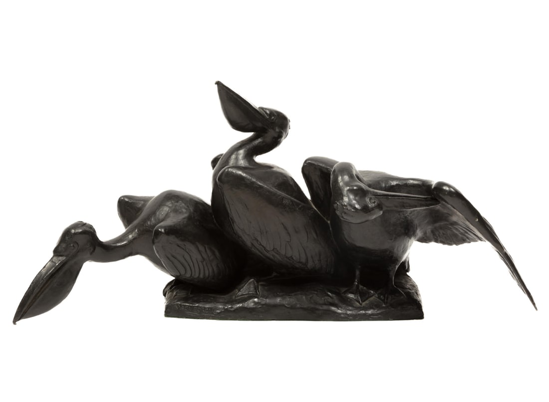 William A. Lovegrove, American/France 1902-1970, "Three Pelicans", bronze: William A. LovegroveAmerican/France, 1902-1970"Three Pelicans"bronzesigned, "cire perdue", "Susse Freres Edts Paris" and "Susse Freres Editeurs Paris" foundry stamp on self-base.9 1/2 x 19 3/4 x 8 1/4