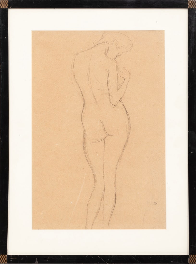 Gustav Klimt, Austrian 1862-1918, "Stehender R?ckenakt?, black chalk on paper: Gustav KlimtAustrian, 1862-1918"Stehender R?ckenakt?black chalk on paper1902, A. Strobl Nr. 3462, unsigned, sketch from the Beethovenfries, ?Galerie W?rthle? label with artist, title, date and informa