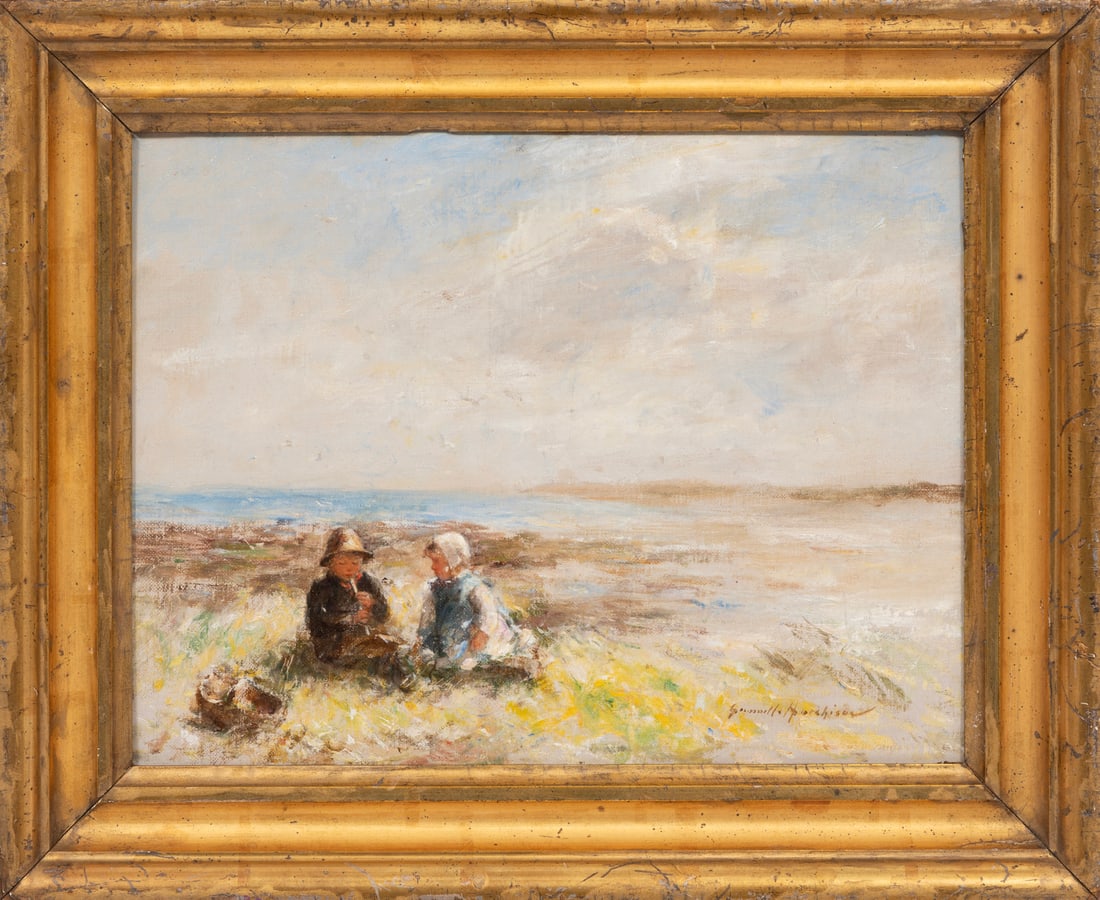 Robert Gemmel Hutchison, Scottish 1855-1936, "Music Hath Charms", oil on canvas board: Robert Gemmel HutchisonScottish, 1855-1936"Music Hath Charms"oil on canvas boardsigned lower right, "Kensington (High Street) Art Gallery, London" label with title en verso, framed.10 x 14 in. (25.4 x