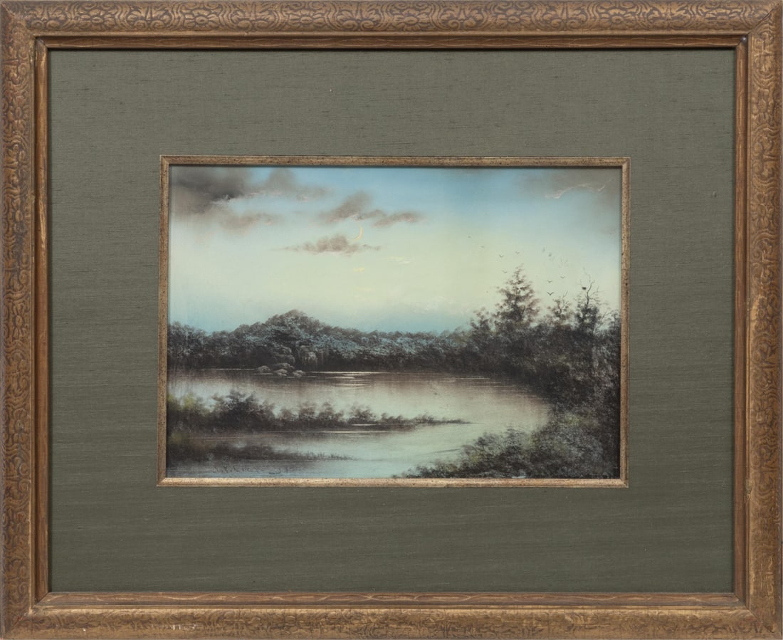 Jasper Francis Cropsey, American/New York 1823-1900, "Moonlit Landscape", pastel on board: Jasper Francis CropseyAmerican/New York, 1823-1900"Moonlit Landscape"pastel on board1888, signed and dated lower left, framed.Note: Neal Auction would like to thank Anthony Speiser, Director, Newingto