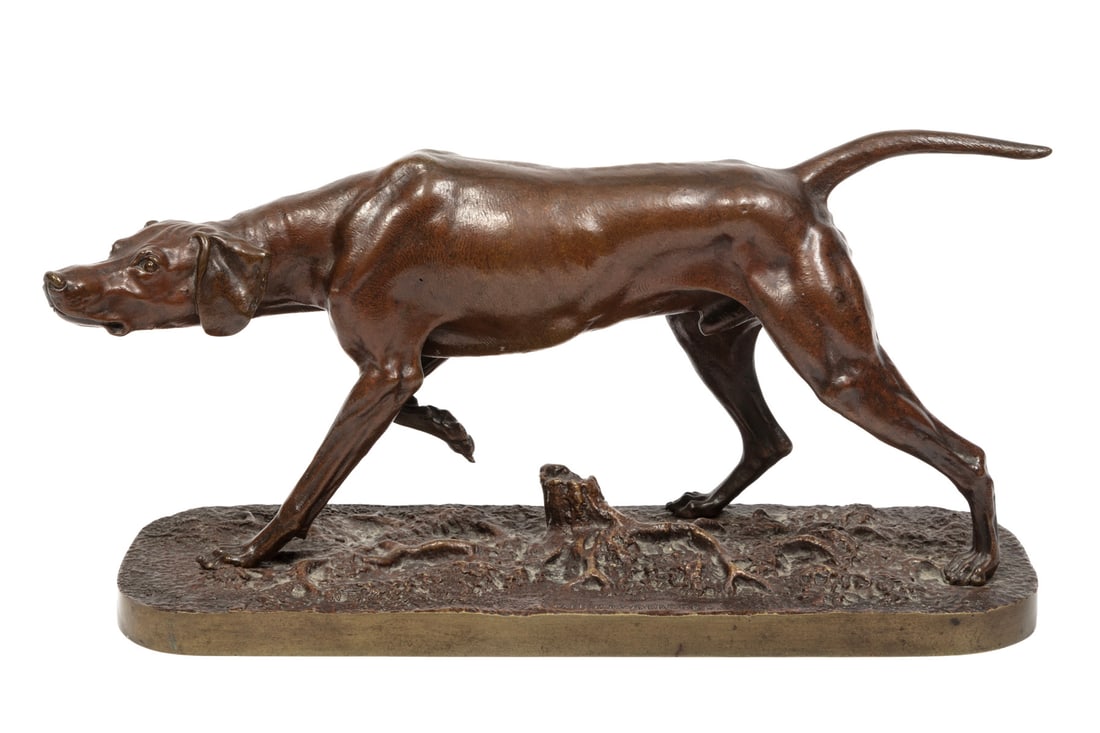 After Nikolai-Ivanovitch Lieberich, Russian 1828-1883, "Pointer", bronze: After Nikolai-Ivanovitch LieberichRussian, 1828-1883"Pointer"bronzeinscribed "SCULP.LIEBERICH" and "FABR. C.F. WOERFFEL" foundry mark on self-base.6 1/2 x 13 x 4 1/4 in. (16.5 x 33 x 10.8 cm.)