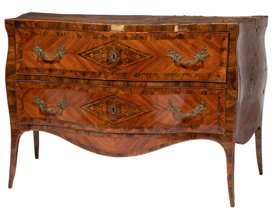 Fine North Italian Tulipwood and Kingwood Parquetry and Marquetry Serpentine Commode (1 of 5)