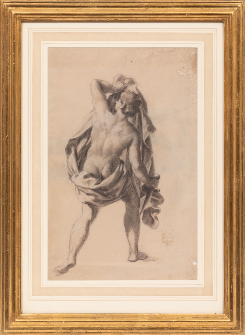 Attributed to Francesco Monti, Italian 1685-1768, "Male Nude Seen from Behind, with a Dagger",: Attributed to Francesco MontiItalian, 1685-1768"Male Nude Seen from Behind, with a Dagger"charcoal and chalk on paperunsigned, partial sketch en verso, "Enrico Gamberucci, Zurich, Switzerland" gallery